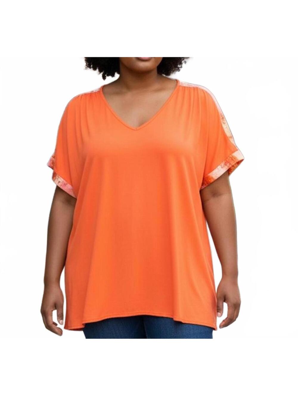 JM Collection Orange V‑Neck Short Sleeve Top